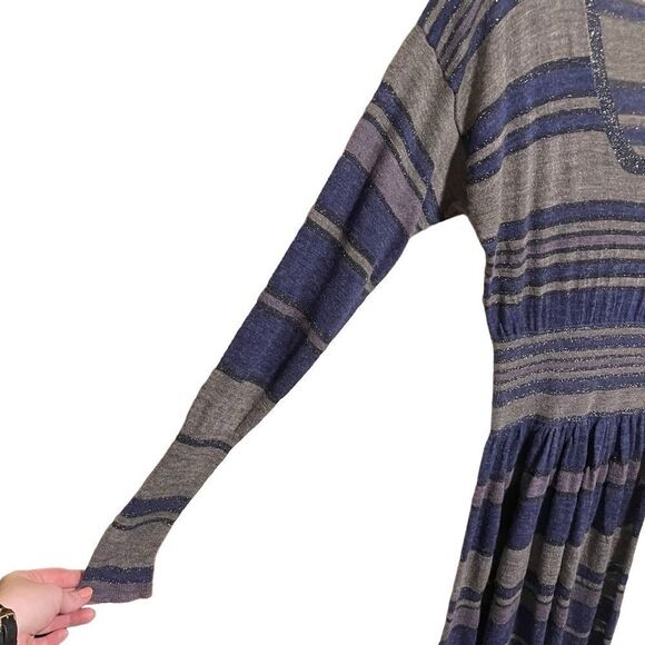 Rebecca Taylor- Women’s Metallic Blue Striped V-Neck Long Sleeve Dress, Size S - Picture 6 of 14